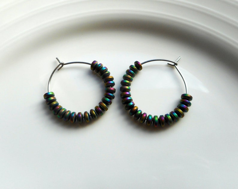 Rainbow hematite gemstone bead hoop earrings-choose gloss or matte finish beads-hypoallergenic stainless steel hoops