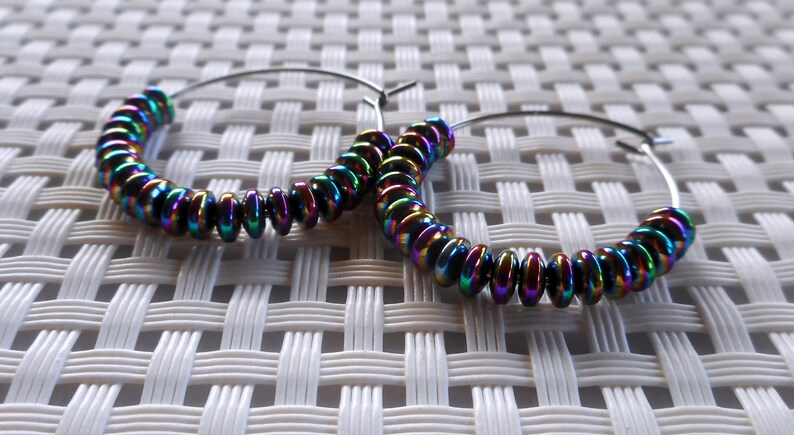 Rainbow hematite gemstone bead hoop earrings-choose gloss or matte finish beads-hypoallergenic stainless steel hoops