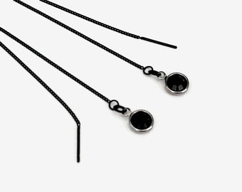 Black threader earrings with round black crystal charms, double piercing or chain drop earrings