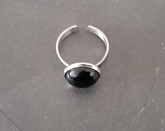 Black agate gemstone ring, stainless steel adjustable open ring band with round black agate cabochon