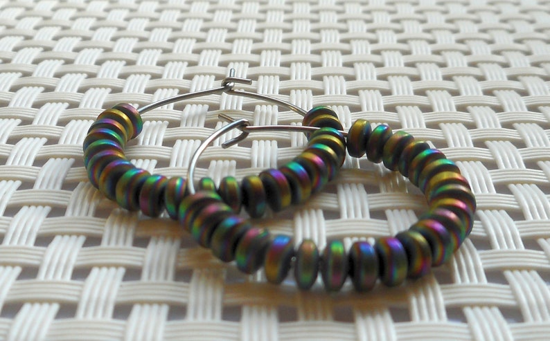Rainbow hematite gemstone bead hoop earrings-choose gloss or matte finish beads-hypoallergenic stainless steel hoops