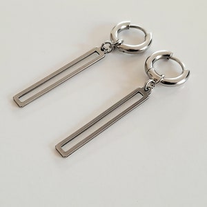 Stainless steel huggie hoop earrings with open rectangle charms