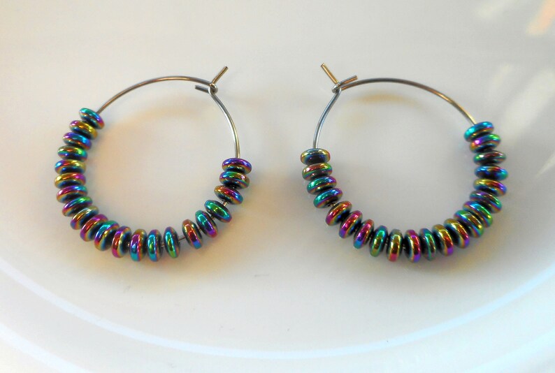 Rainbow hematite gemstone bead hoop earrings-choose gloss or matte finish beads-hypoallergenic stainless steel hoops