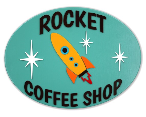 Mid Century Modern Rocket Coffee Shop Sign: Atomic Age Decor