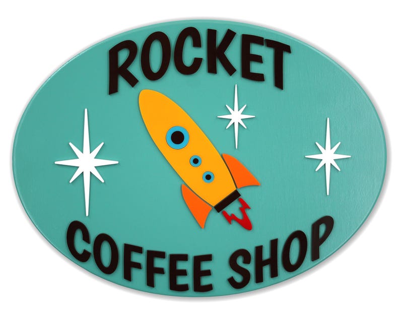 Mid Century Modern Rocket Coffee Shop Sign: Atomic Age Decor image 1