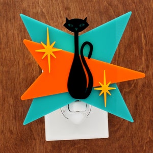 Mid Century Modern Night Light | Black Cat Acrylic Design | Atomic Plug In Ambient Wall Light | Retro MCM Style Decor