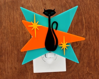 Mid Century Modern Night Light | Black Cat | Atomic Design Night Light | Acrylic Night Light | Plug In Wall Light | Ambient Light | MCM Lite