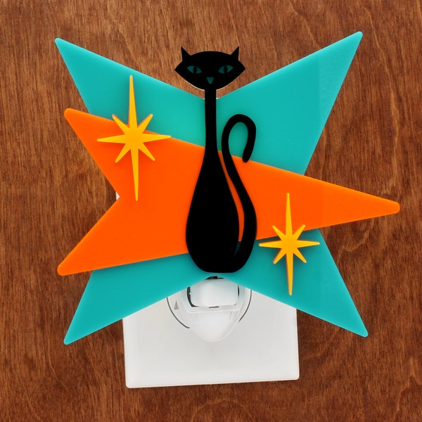 Mid Century Modern Night Light: Black Cat Acrylic Atomic Wall Decor