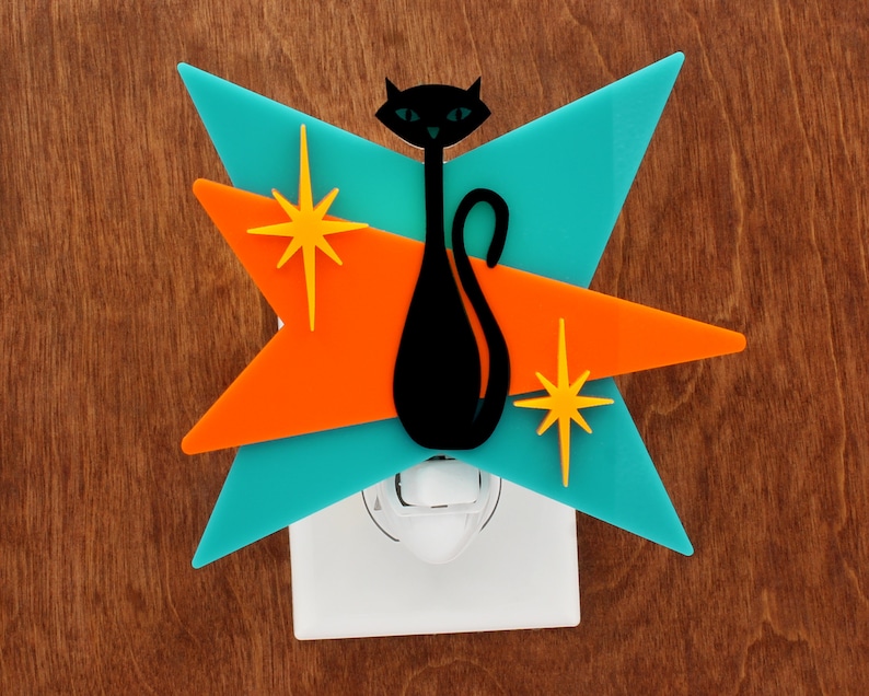 Mid Century Modern Night Light Black Cat Atomic Design Night Light Acrylic Night Light Plug In Wall Light Ambient Light MCM Lite image 1