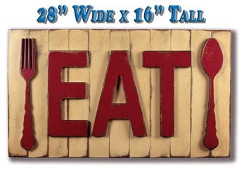 Distressed EAT Sign: Rustic Farmhouse Kitchen Wall Decor (16x28")