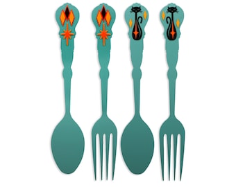Atomic Cat Fork & Spoon Set: Large Mid-Century Modern Kitchen Wall Decor