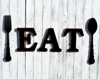 Rustic Eat Sign Eat Wooden Sign Fork and Spoon Wooden Eat Sign Eat Sign For Kitchen Dining Room Signs Kitchen Signage Dining Room Sign