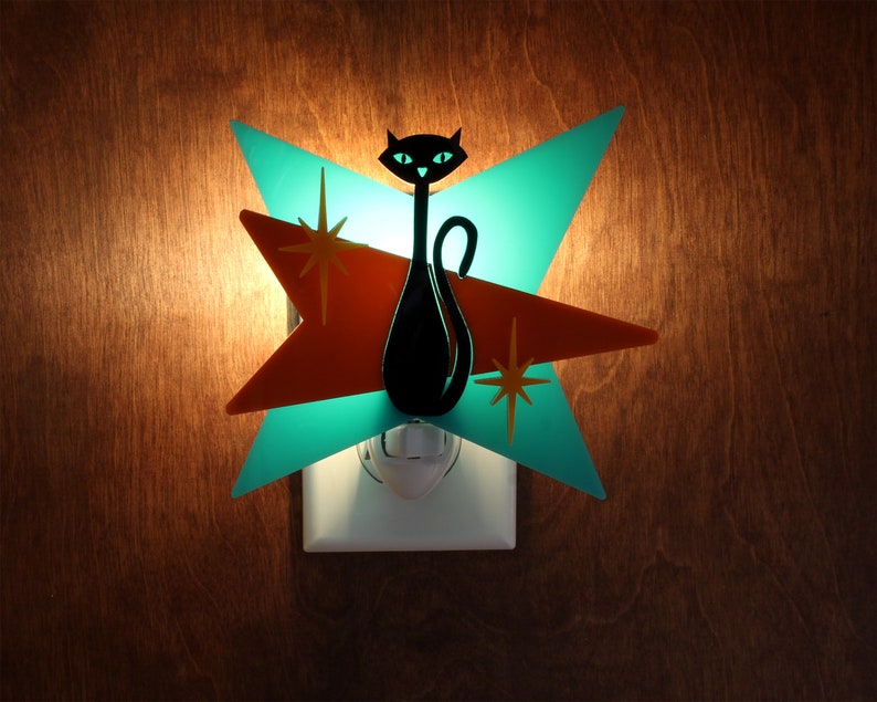 Mid Century Modern Night Light Black Cat Atomic Design Night Light Acrylic Night Light Plug In Wall Light Ambient Light MCM Lite image 2