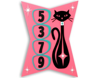 Atomic Cat House Number Sign: Mid Century Modern Acrylic Address