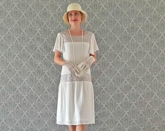 Off white Downton Abbey dress with flutter sleeves, white Great Gatsby dress, 1920s flapper dress, 1920s wedding dress, 20s wedding gown