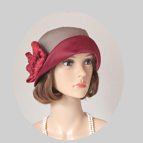 Pretty Cloche Hat in Wine Red and Khaki 