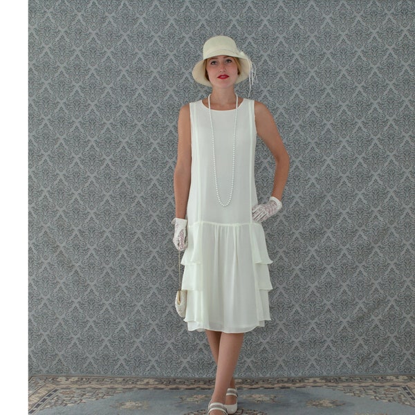 A darling 1920s-inspired dress in cream with tiered skirt, Roaring 20s fashion, Great Gatsby dress, 1920s flapper dress, Downton Abbey dress