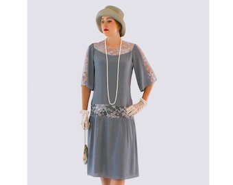Grey Great Gatsby dress with elbow-length sleeves, 1920s dress, flapper costume, Charleston dress, Roaring 20s fashion, Downton Abbey dress