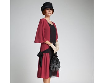 Great Gatsby dress in maroon and black with elbow length sleeves, 1920s dress, flapper dress,  20s dress, 1920s eveningwear, red party dress