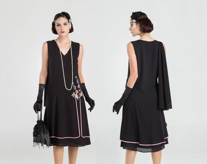 Roaring Twenties Party Dress in Black Chiffon and Floral Embroidery