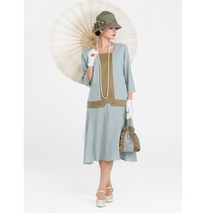 Great Gatsby linen dress in grey and olive with square neckline 3/4 sleeves, 1920s high tea dress, Downton Abbey dress, 1920s flapper dress