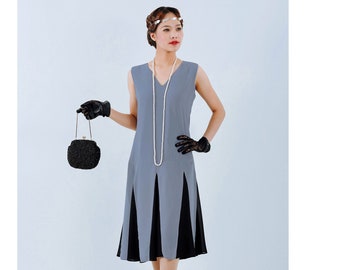 Grey or Black 1920s Gatsby dress with contrast godets, black flapper dress, Charleston dance dress, swing dance costume, 1920s party dress