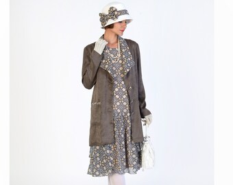 2-piece outfit of light weight 1920s jacket in brown satin and printed chiffon dress with tiered skirt, 1920s dress, Downton Abbey dress