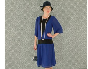 Dark blue and black Great Gatsby party dress wth elbow length sleeves, art deco dress, Charleston dress, Downton Abbey dress, Jazz Age dress