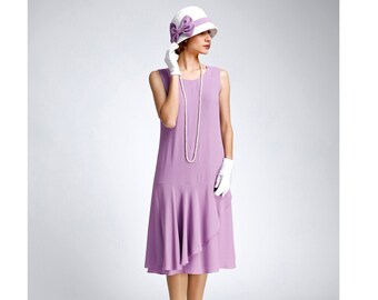 Lavender crepe georgette dress 1920s drop waist style with a ruffled skirt detail, purple Great Gatsby summer dress, 1920s high tea dress