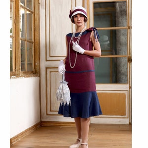 burgundy great gatsby dress and Navy 1920s Drop Waist Linen With a Boat Neck, Linen Dress, 20s Linen Day Dress, Burgundy Gatsby Party Dress great gatsby prom dress