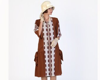 1920s dress made of brown crepe georgette and printed chiffon, Great Gatsby party dress, brown flapper dress, Downton Abbey dress, 20s dress