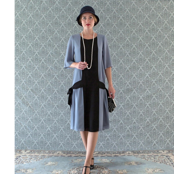 Fun grey and black flapper dress with side bows, 1920s flapper dress, Great Gatsby dress, grey downton abbey dress, black 1920s outfit