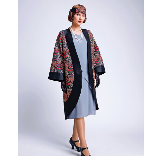 Great Gatsby 1920s silk coat in blue and black, embroidered silk coat, blue silk art deco coat, silk kimono jacket cocoon coat, 20s fashion