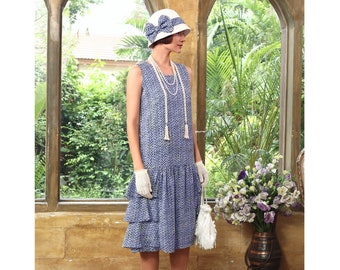 Great Gatsby party dress with tiered skirt in printed blue chiffon, 1920s day dress, blue flapper dress, blue Downton Abbey tea dress