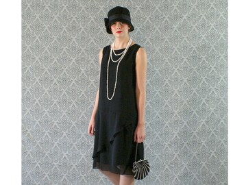 Black 20s chiffon flapper dress with ruffled skirt detail, 1920s Great Gatsby dress,  black Roaring Twensties party dress, Charleston dress