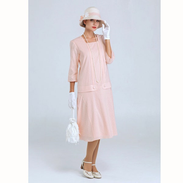 1920s dress, Pale peach Jazz Age Lawn party cotton dress with square neck and 3/4 sleeves,  Downton Abbey tea dress, Great Gatsby day dress