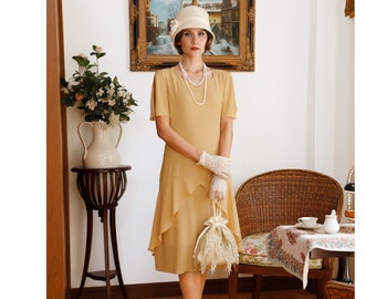 Pale marigold 1920s high tea dress with sweetheart neckline, Great Gatsby dress, 1920s flapper dress, Lady Mary dress, Downton Abbey dress