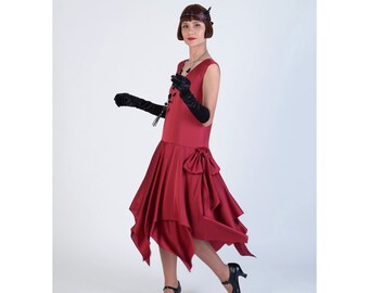 Dark red satin party dress, 1920s dress with handkerchief skirt, Charleston dress, red Gatsby dress, 1920s evening dress, red flapper dress