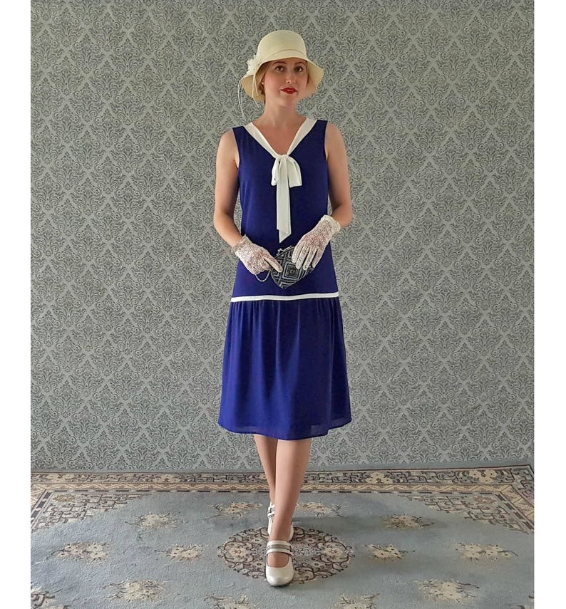 Sailor Dresses, Nautical Theme Dress, WW2 Dresses     Little nautical flapper dress in dark blue and off white Great Gatsby dress 1920s flapper dress art deco dress Charleston dress $130.00 AT vintagedancer.com