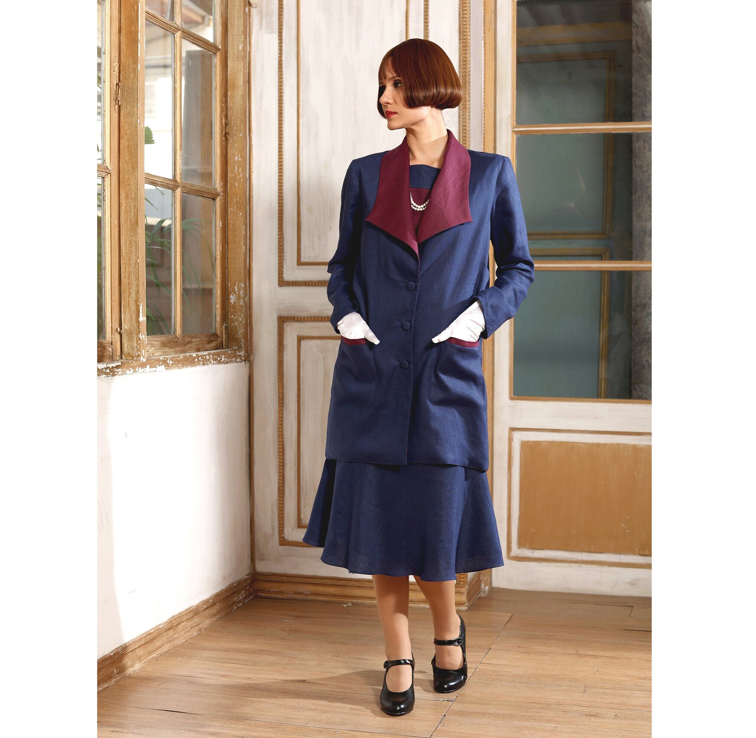 1920s Wing Collar Blue Linen Jacket Great Gatsby Linen Jacket