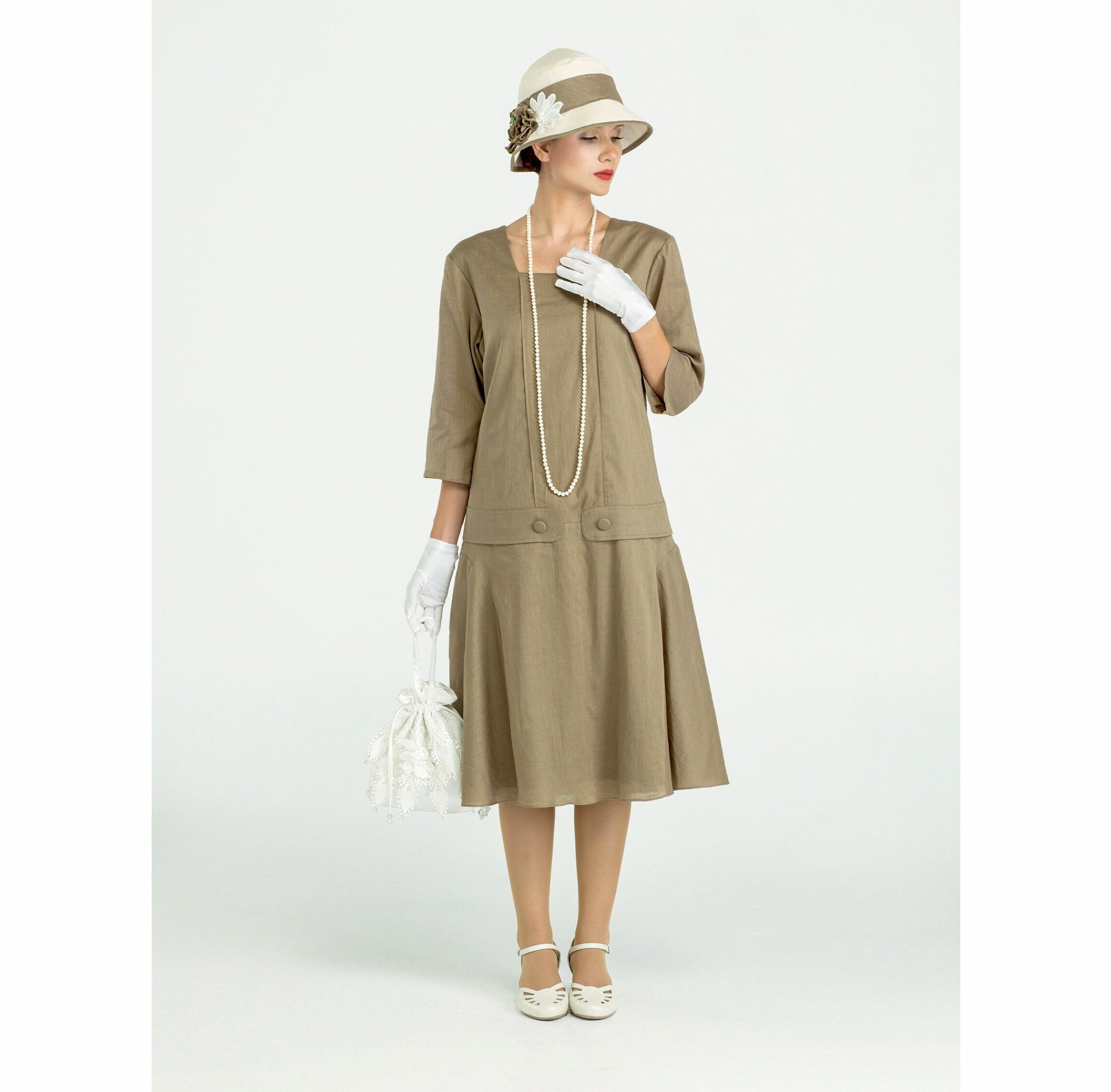 1920s Dress in Grey Linen With a Ruffled Skirt Detail, Linen Great Gatsby  Dress, Grey Linen Flapper Dress, 1920s Tea Dress, Robe Années 20 