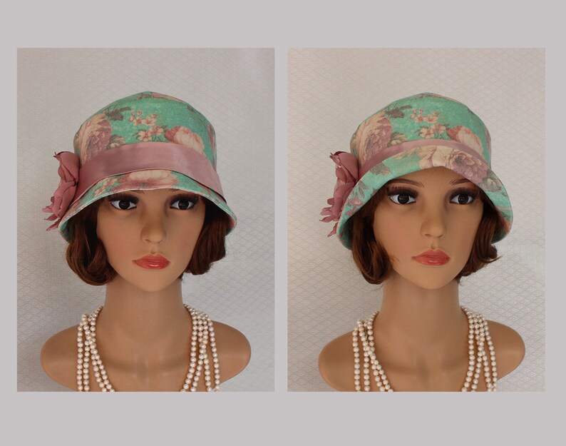 Sweet Great Gatsby cloche hat in sea foam with rose print 1920s cloche hat Downton Abbey hat 1920s clothing high tea hat Green cloche