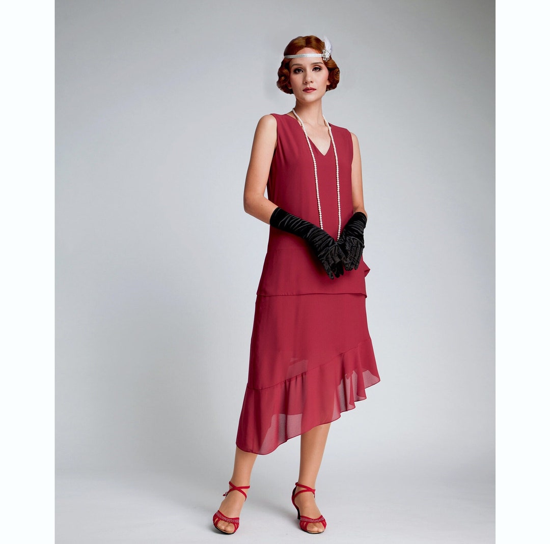 Maroon Red 1920s Flapper Dress With Asymmetrical Skirt, Great Gatsby ...