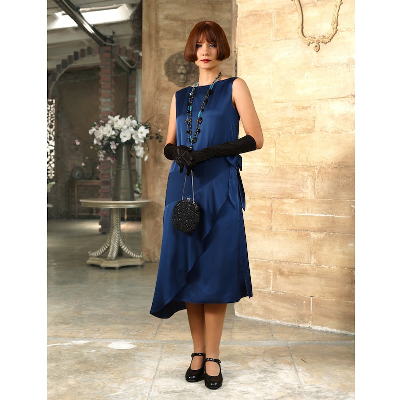 Buy Boardwalk Empire Inspired Dresses     1920s Great Gatsby evening dress in blue satin blue flapper dress navy blue Gatsby party dress Roaring twenties navy satin evening dress  AT vintagedancer.com