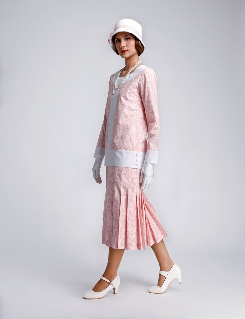 Downton Abbey Inspired Dresses Pink 2-piece 1920s art deco cotton dress 1920s ensemble pleated skirt flapper dress Great Gatsby dress 1920s tea dress 1920er kleid $150.00 AT vintagedancer.com