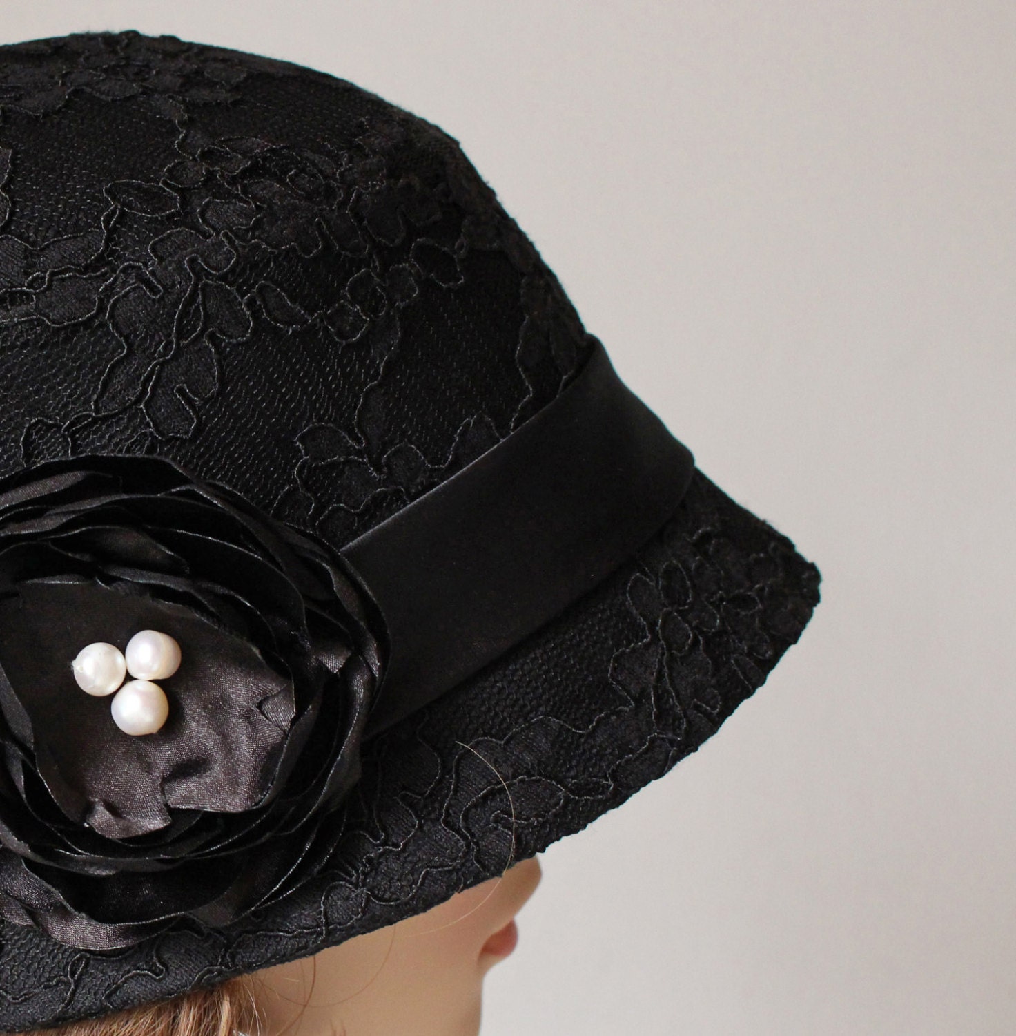 Black Cloche Hat With Cotton and Lace 