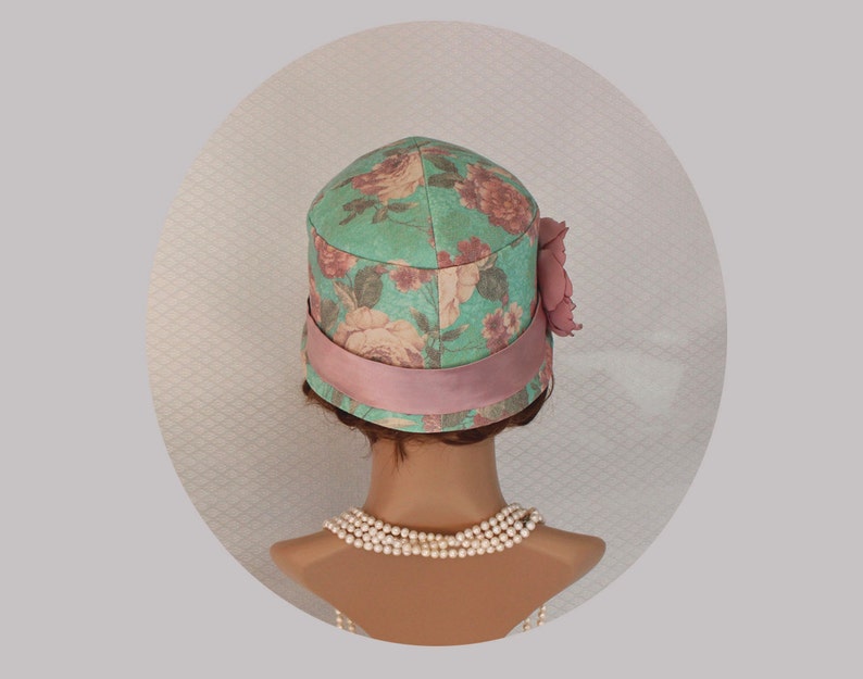 Sweet Great Gatsby cloche hat in sea foam with rose print 1920s cloche hat Downton Abbey hat 1920s clothing high tea hat Green cloche