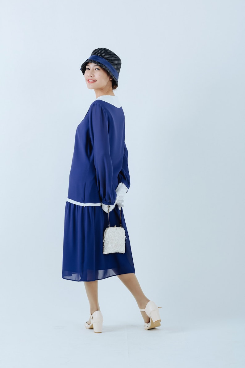 1920s -1930s Sailing Outfits | Dresses, Pants, Hats     Long sleeved Great Gatsby dress in dark blue with peter pan collar blue 1920s dress blue flapper dress Downton Abbey dress 20s dress $135.00 AT vintagedancer.com