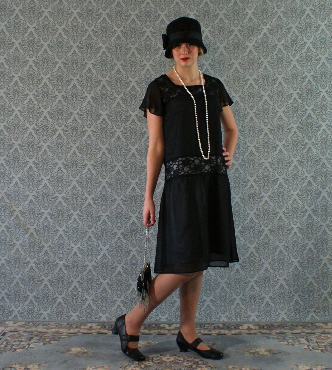 Black Flapper Dress With Chiffon and Lace With Flutter Etsy