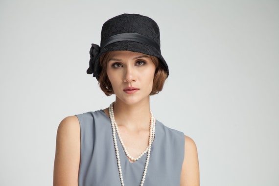 Black Cloche Hat With Cotton and Lace 